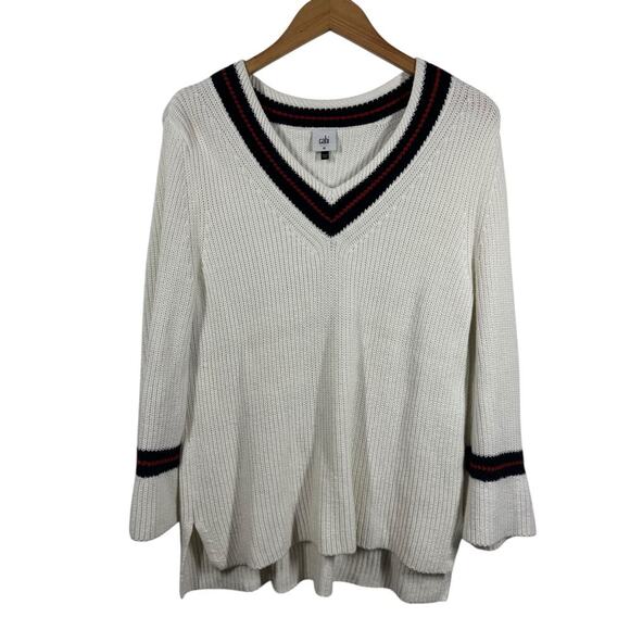 CAbi Ace V-Neck Tennis Sweater Women Size M White Blue and Red